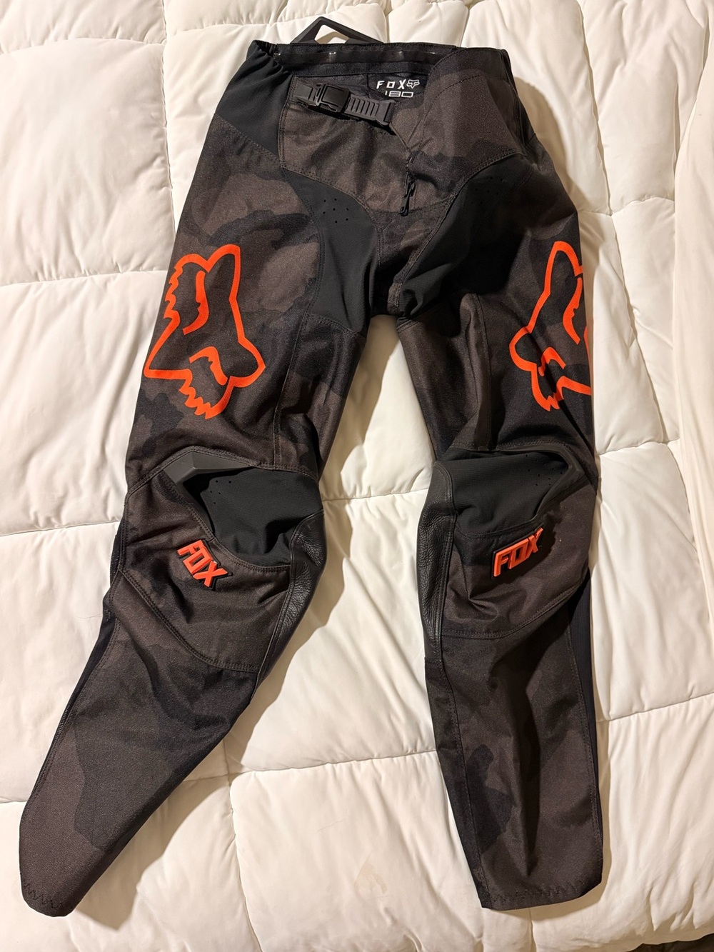 Fox Black Camo Kids Motocross Pants with Orange Fox Logos